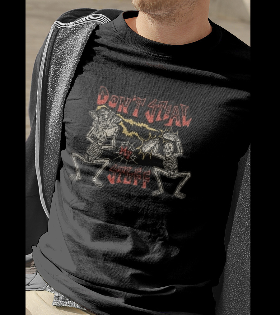 Don't Steal My Stuff Skeletons Motorcycle Engine Lightning Spiderweb T-Shirt
