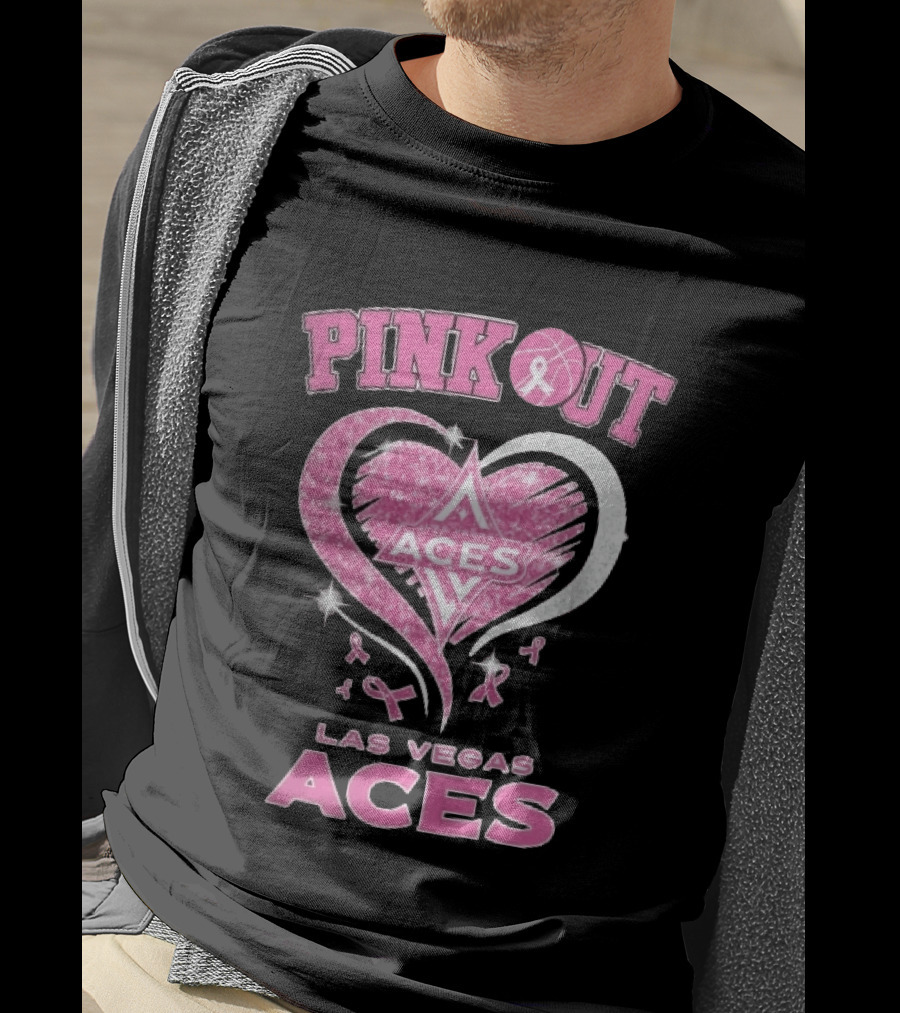 Las Vegas Aces Pink Out Glitter Heart Breast Cancer Awareness Ribbons WNBA T-Shirt