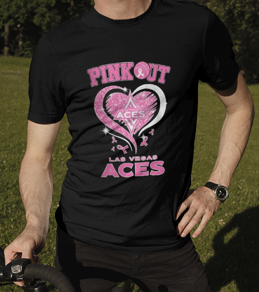 Las Vegas Aces Pink Out Glitter Heart Breast Cancer Awareness Ribbons WNBA T-Shirt