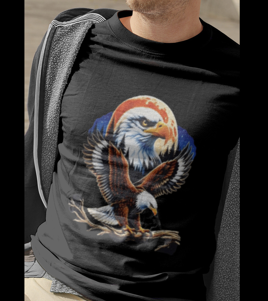Majestic Bald Eagle With Full Moon And Forest T-Shirt