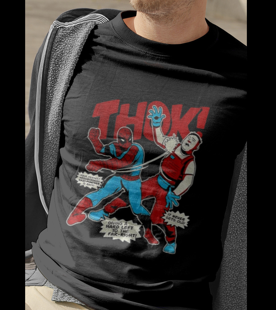 Spider Man Thok Giving A Hard Left To The Far Right Nazi Puncher Comic T-Shirt