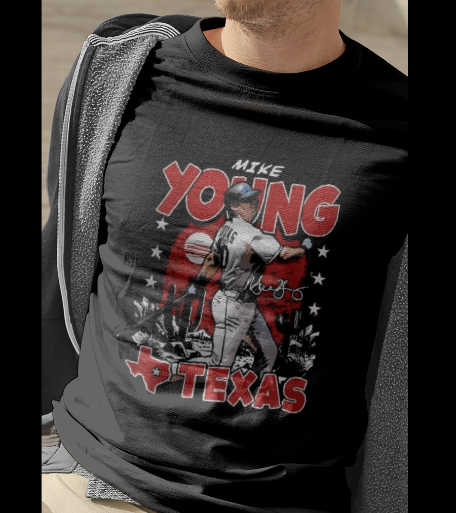 Texas Rangers MLB Mike Young Batting Cactus Red Sunset Stars T-Shirt