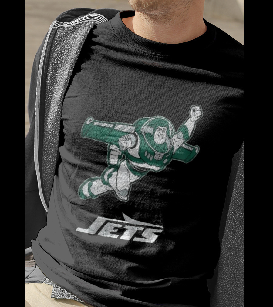 Buzz Lightyear Flying New York Jets Distressed Cartoon T-Shirt