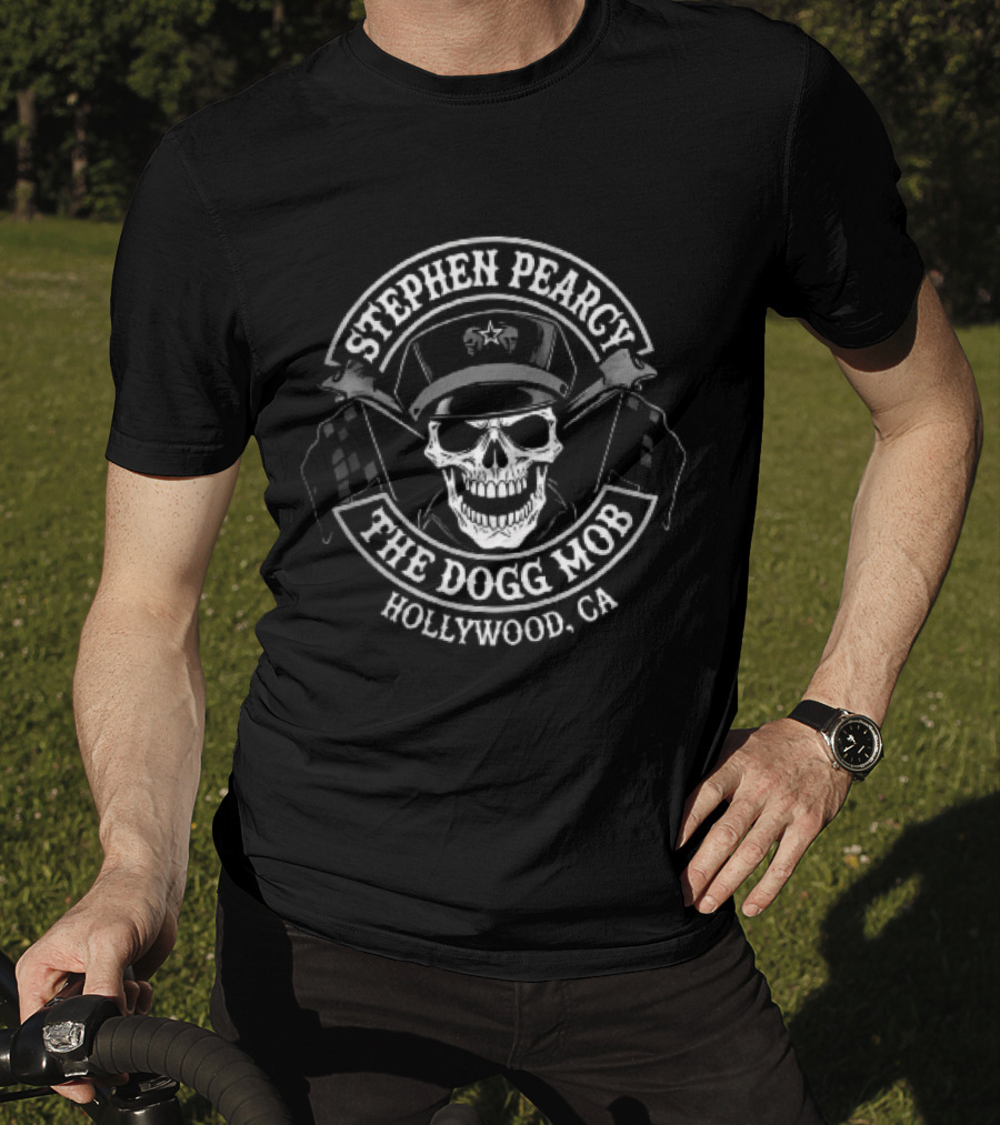 Stephen Pearcy The Dogg Mob Hollywood CA Skull Biker Cap Checkered Flags T-Shirt