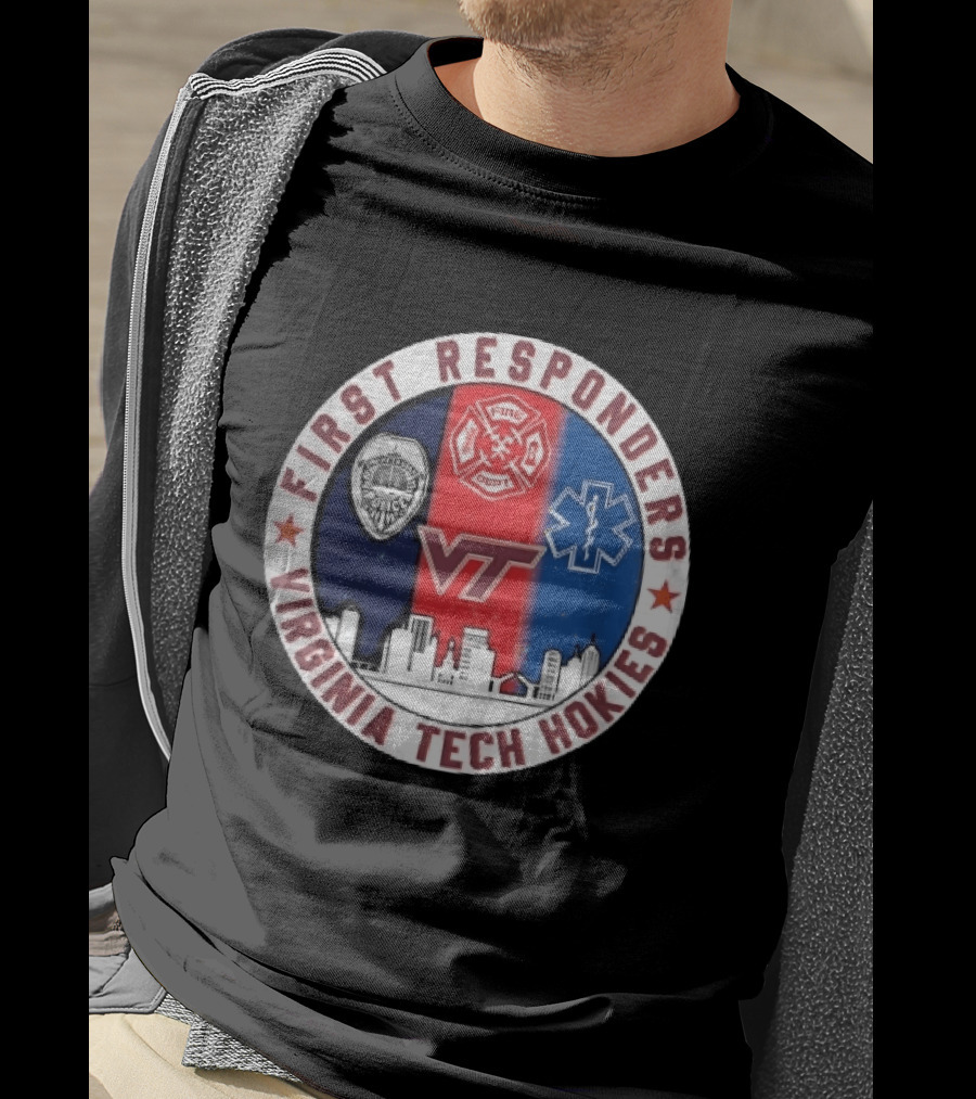 Virginia Tech Hokies First Responders Police Fire Dept EMS Star Skyline T-Shirt