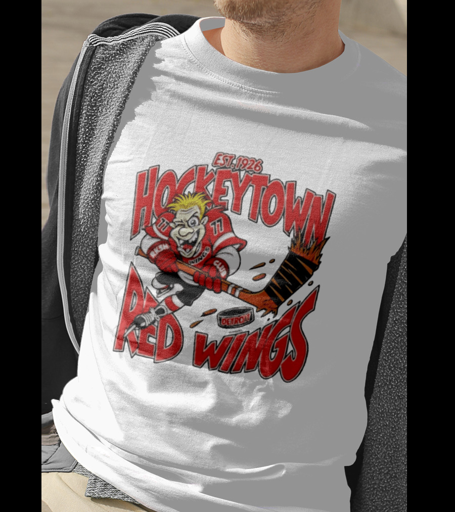 Detroit Red Wings Hockeytown Est. 1926 Vintage Cartoon Player With Flaming Hockey Stick T-Shirt
