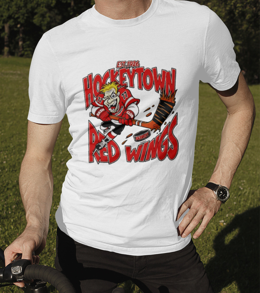 Detroit Red Wings Hockeytown Est. 1926 Vintage Cartoon Player With Flaming Hockey Stick T-Shirt