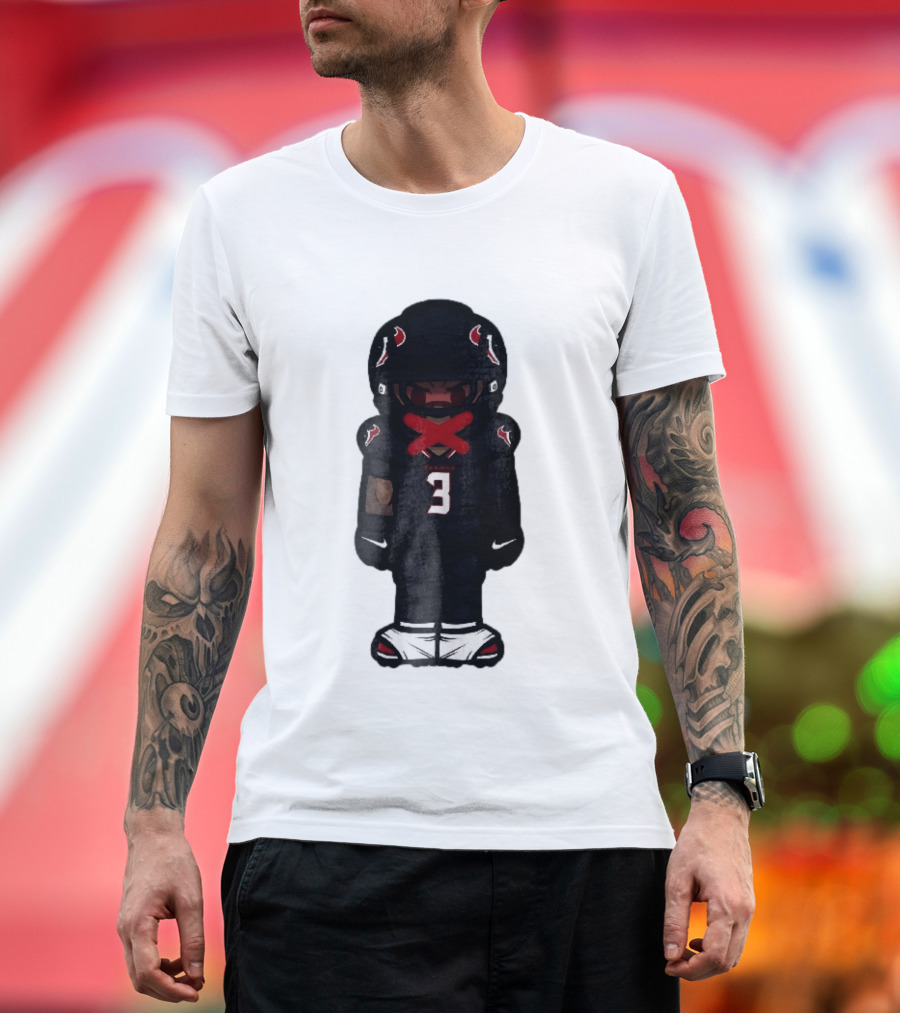 Houston Texans Cartoon Caricature Player Jersey Number 3 Red X Mouth T-Shirt