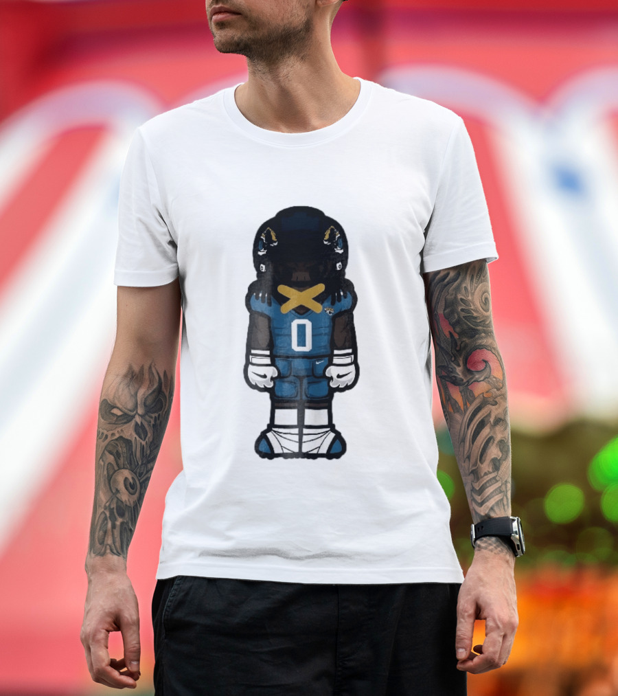 Jacksonville Jaguars Cartoon Caricature Player Jersey 0 Gold Tape Football Team Merchandise T-Shirt
