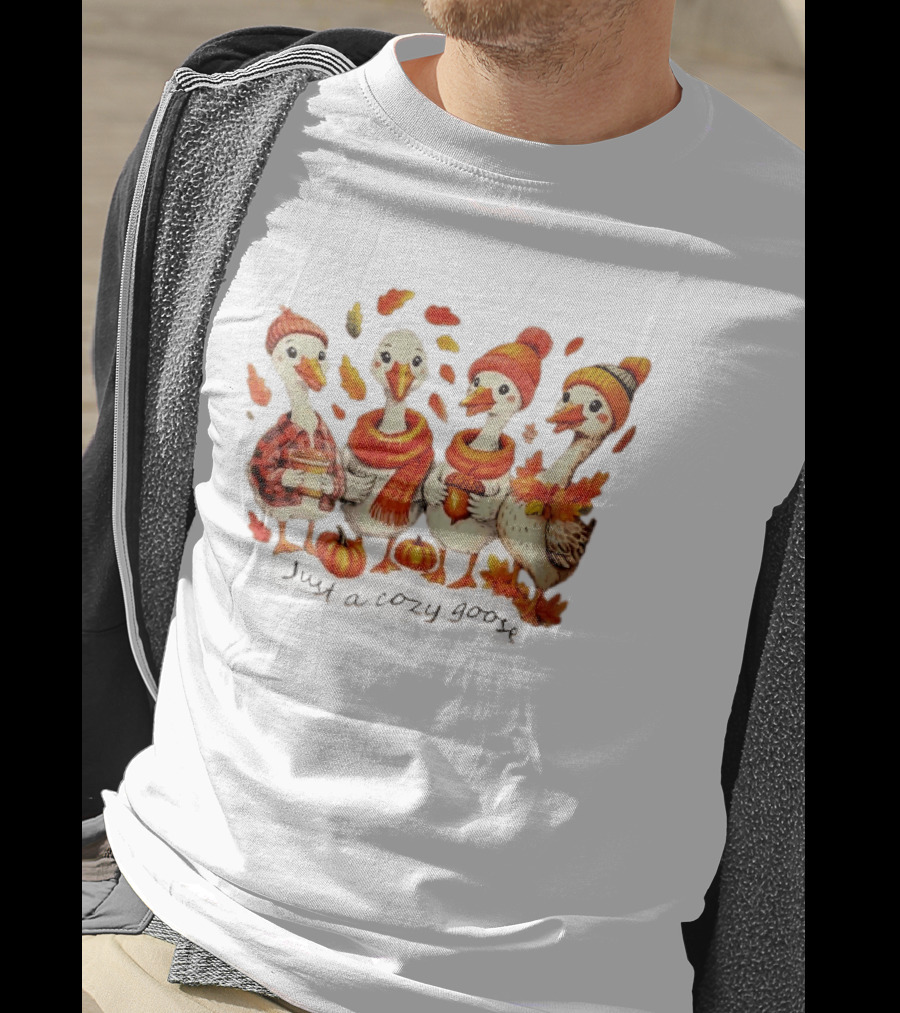 Cozy Goose Autumn Theme Four Cartoon Birds Leaves Pumpkins T-Shirt