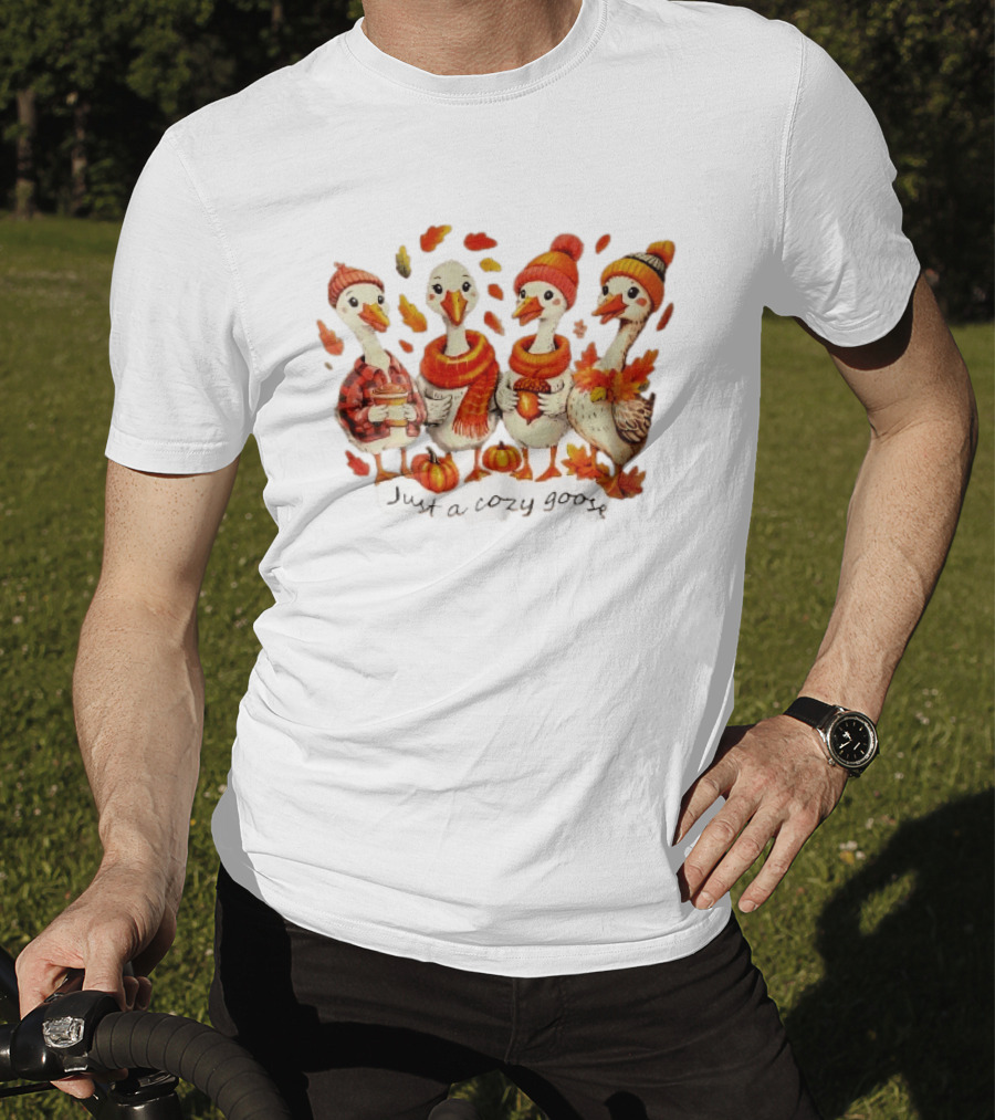 Cozy Goose Autumn Theme Four Cartoon Birds Leaves Pumpkins T-Shirt