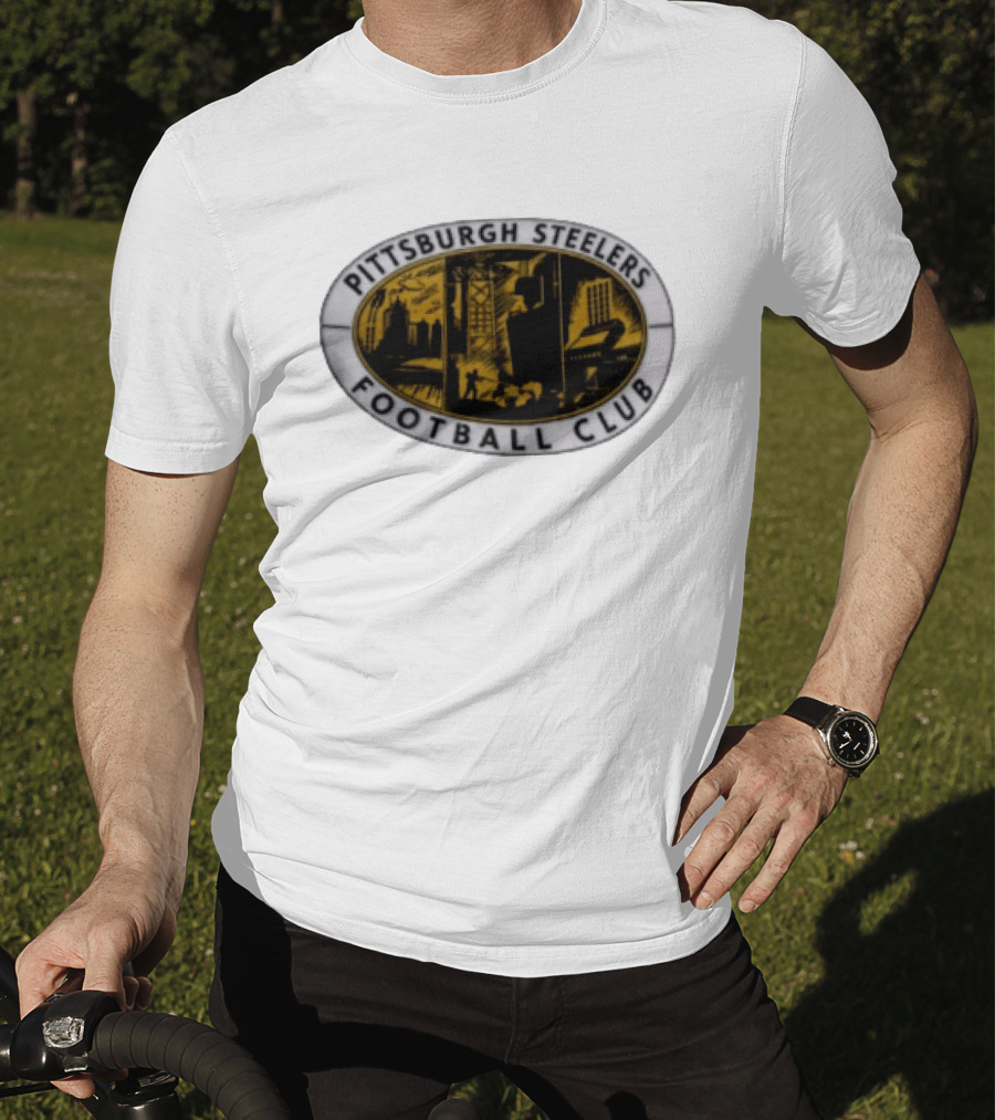 Pittsburgh Steelers Football Club Distressed Oval Emblem Cityscape T-Shirt