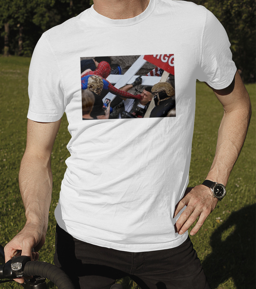 Spiderman Punch A Nazi Protest Scene With Cross And American Flag T-Shirt