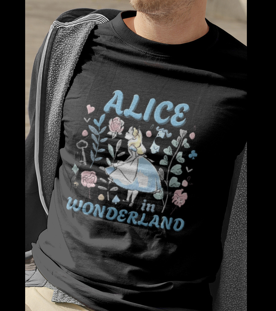 Alice In Wonderland Floral Wonderland With Alice Smelling Flowers T-Shirt