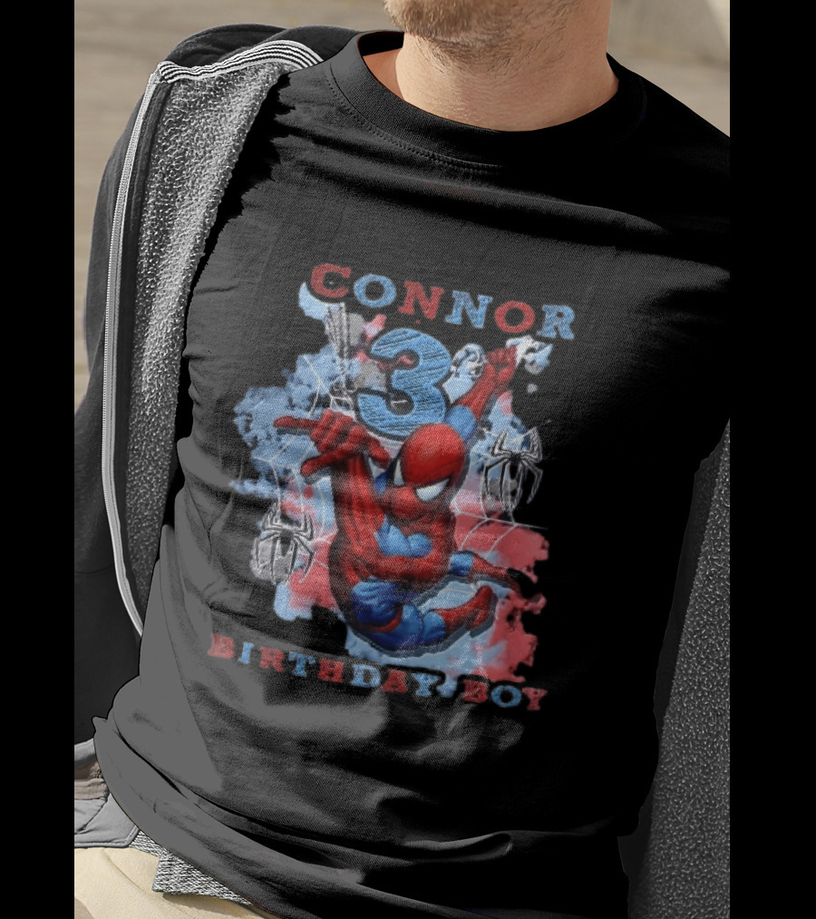 Connor 3 Birthday Boy Spider Man Web Slinging Cartoon T-Shirt