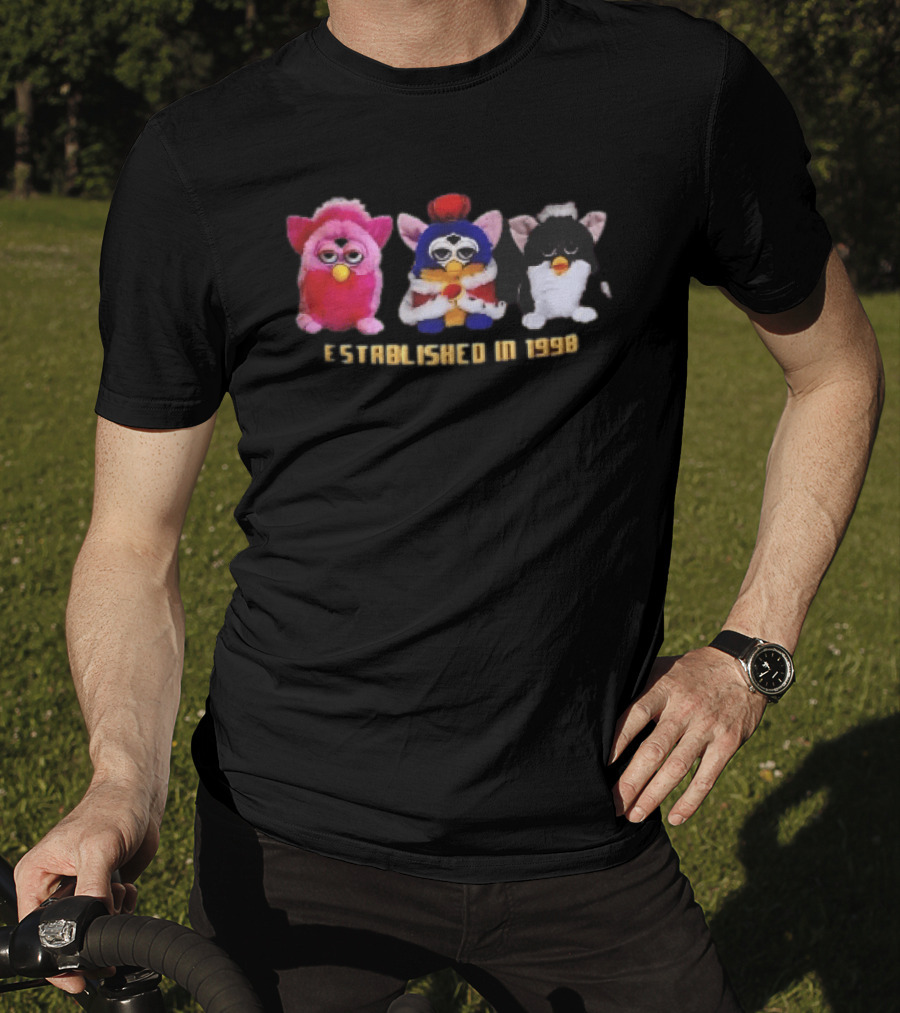 Established In 1998 Three Furby Plush Toys With Crown T-Shirt
