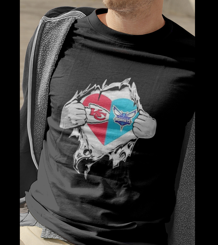 Kansas City Chiefs Charlotte Hornets Heart Hands Ripping Open T-Shirt