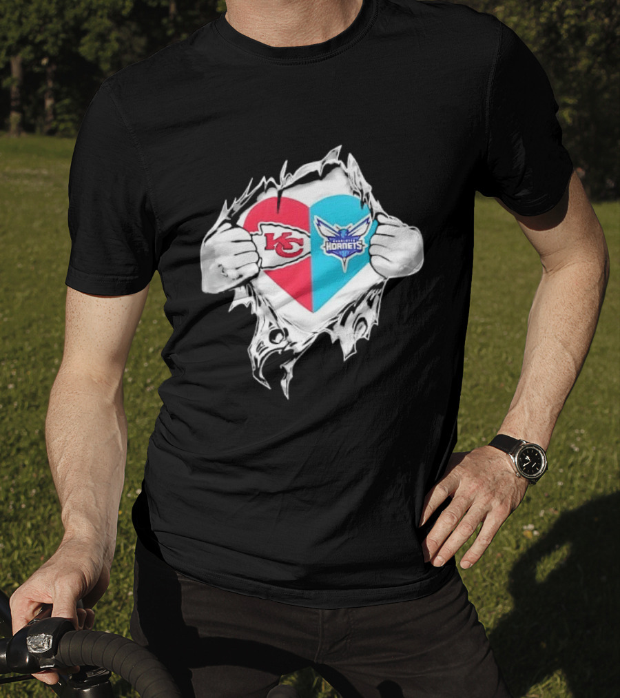 Kansas City Chiefs Charlotte Hornets Heart Hands Ripping Open T-Shirt