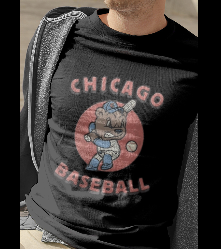 Chicago Cubs Baseball Bear Swinging Bat Cartoon T-Shirt