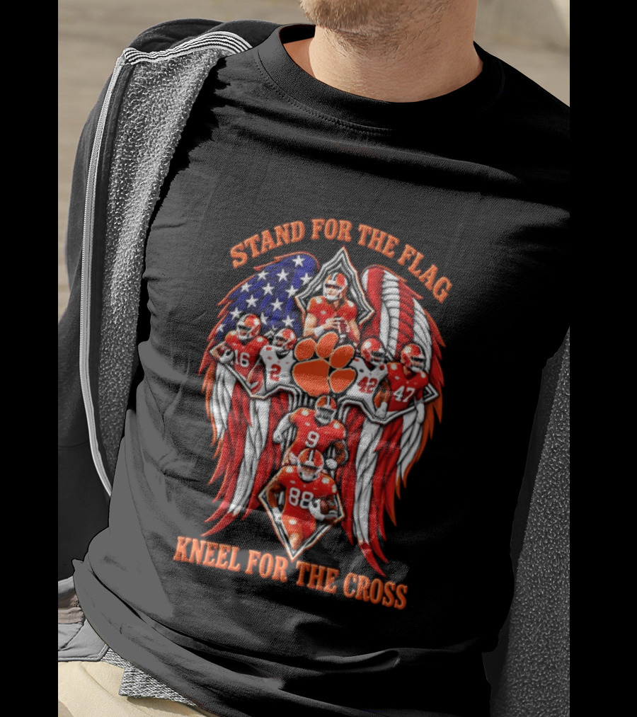Clemson Tigers Stand For The Flag Kneel For The Cross 2026 American Flag Football Paw T-Shirt