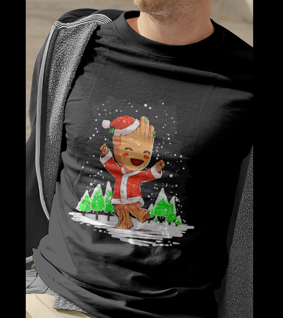 Dancing Santa Groot Christmas Trees Snow Scene T-Shirt