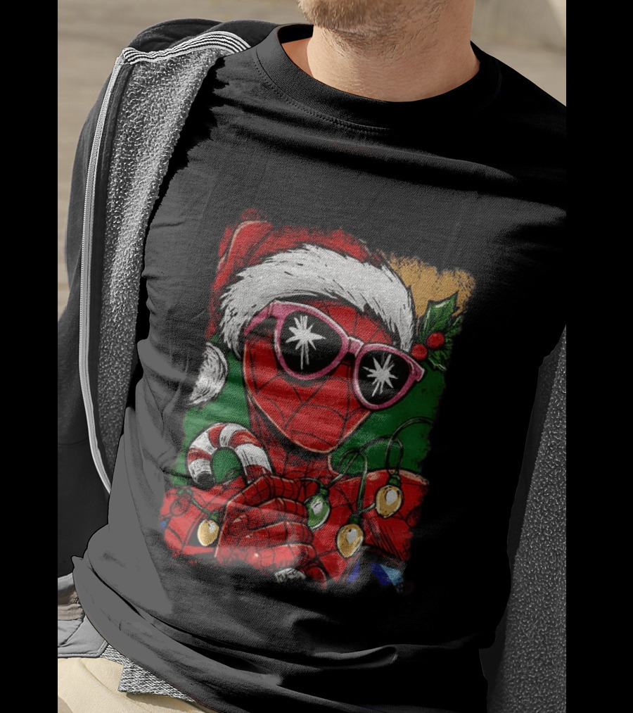 Marvel Spider Man Christmas Santa Candy Cane Festive Lights T-Shirt