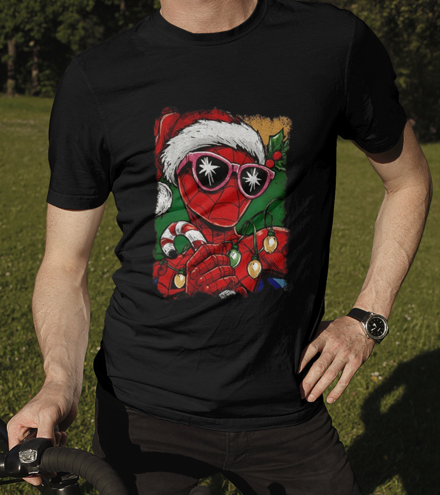 Marvel Spider Man Christmas Santa Candy Cane Festive Lights T-Shirt