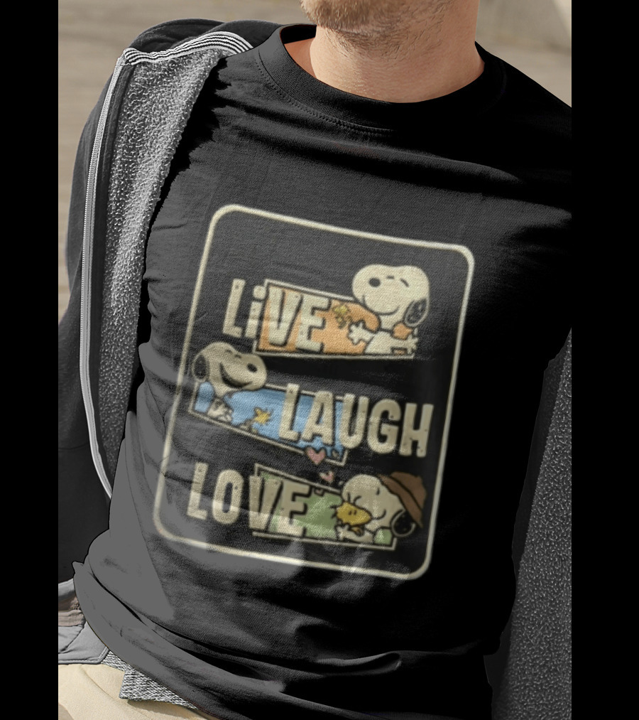 Live Laugh Love Peanuts Snoopy Woodstock Hugging Panels T-Shirt