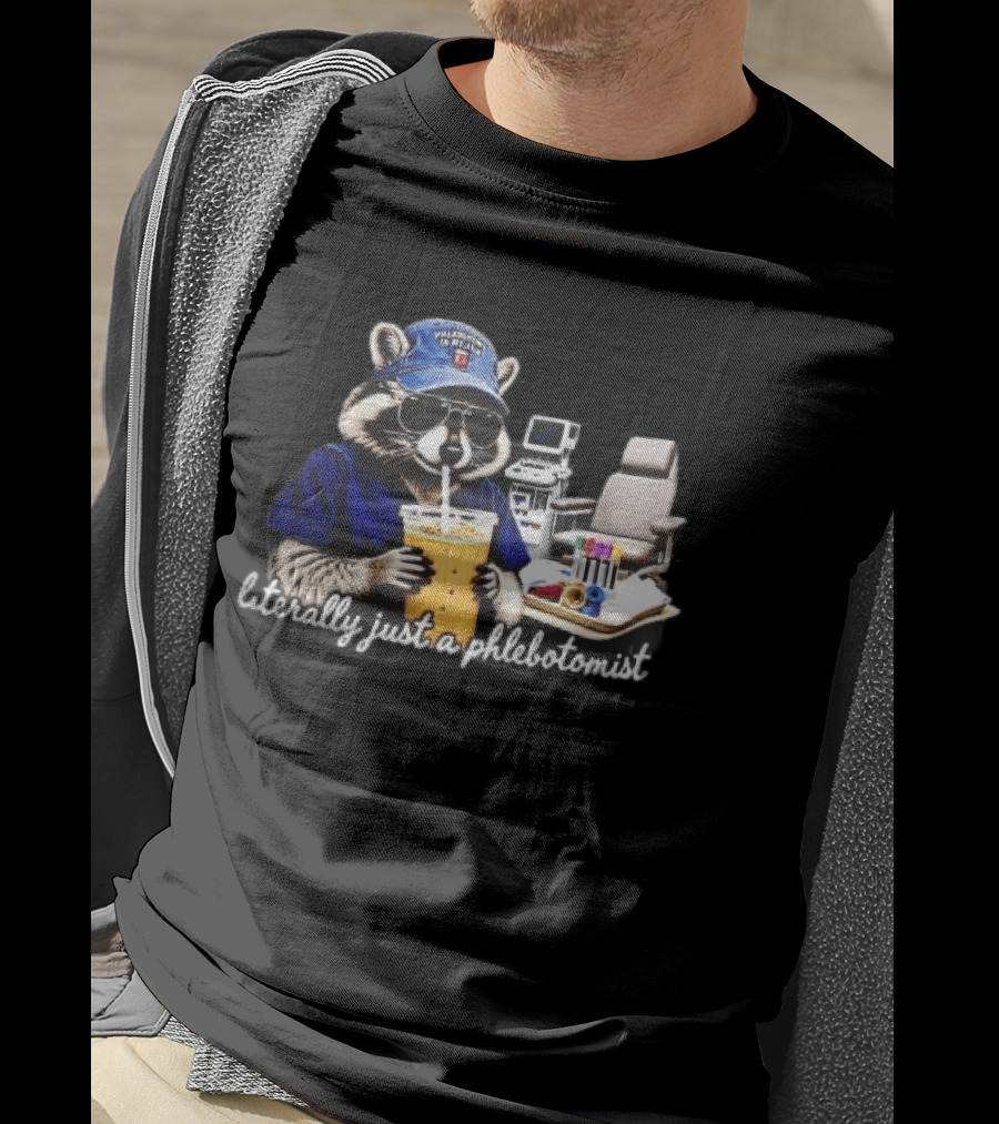 Raccoon Phlebotomist In Scrubs Sipping Drink With Blood Collection Tubes T-Shirt