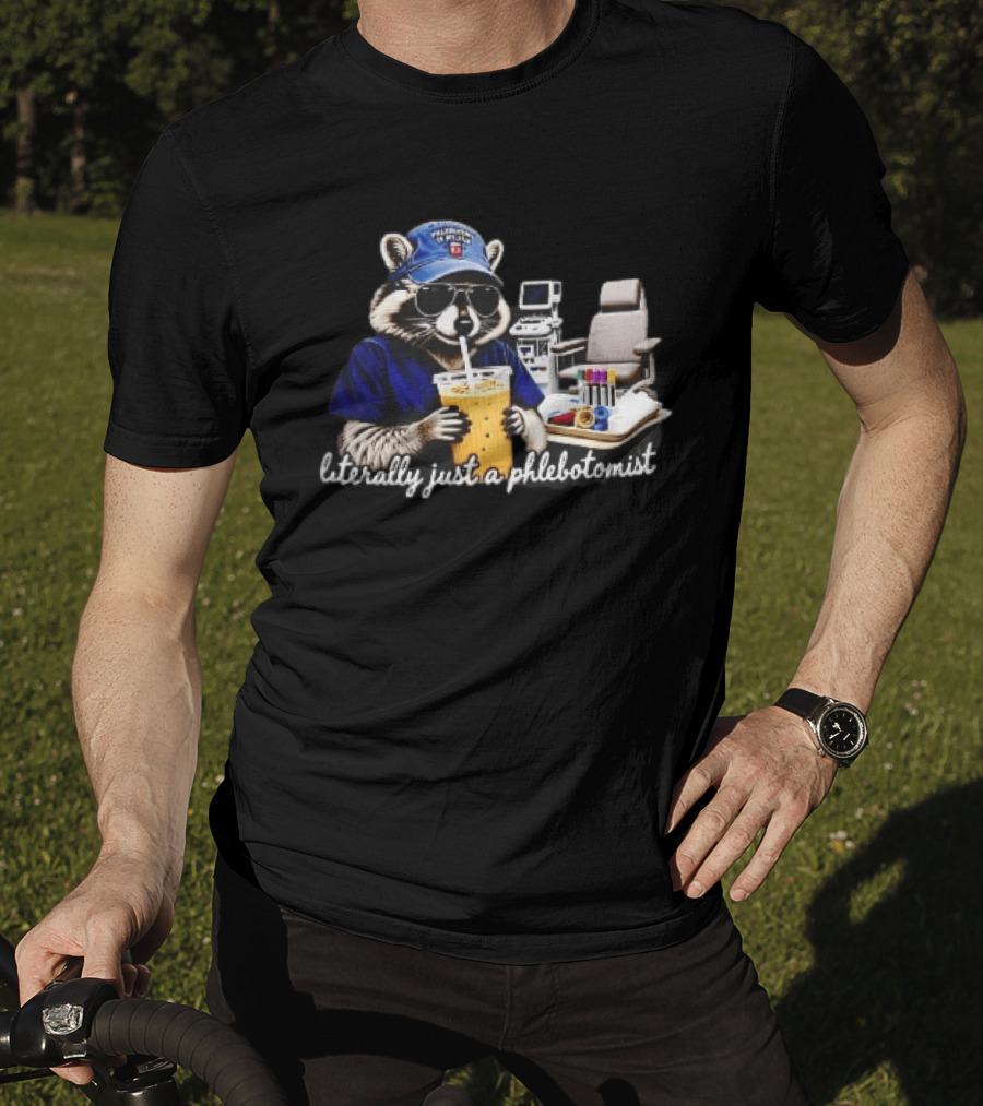 Raccoon Phlebotomist In Scrubs Sipping Drink With Blood Collection Tubes T-Shirt