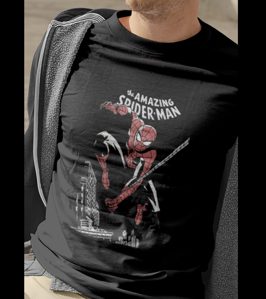 The Amazing Spider Man Swinging Above City Skyline T-Shirt