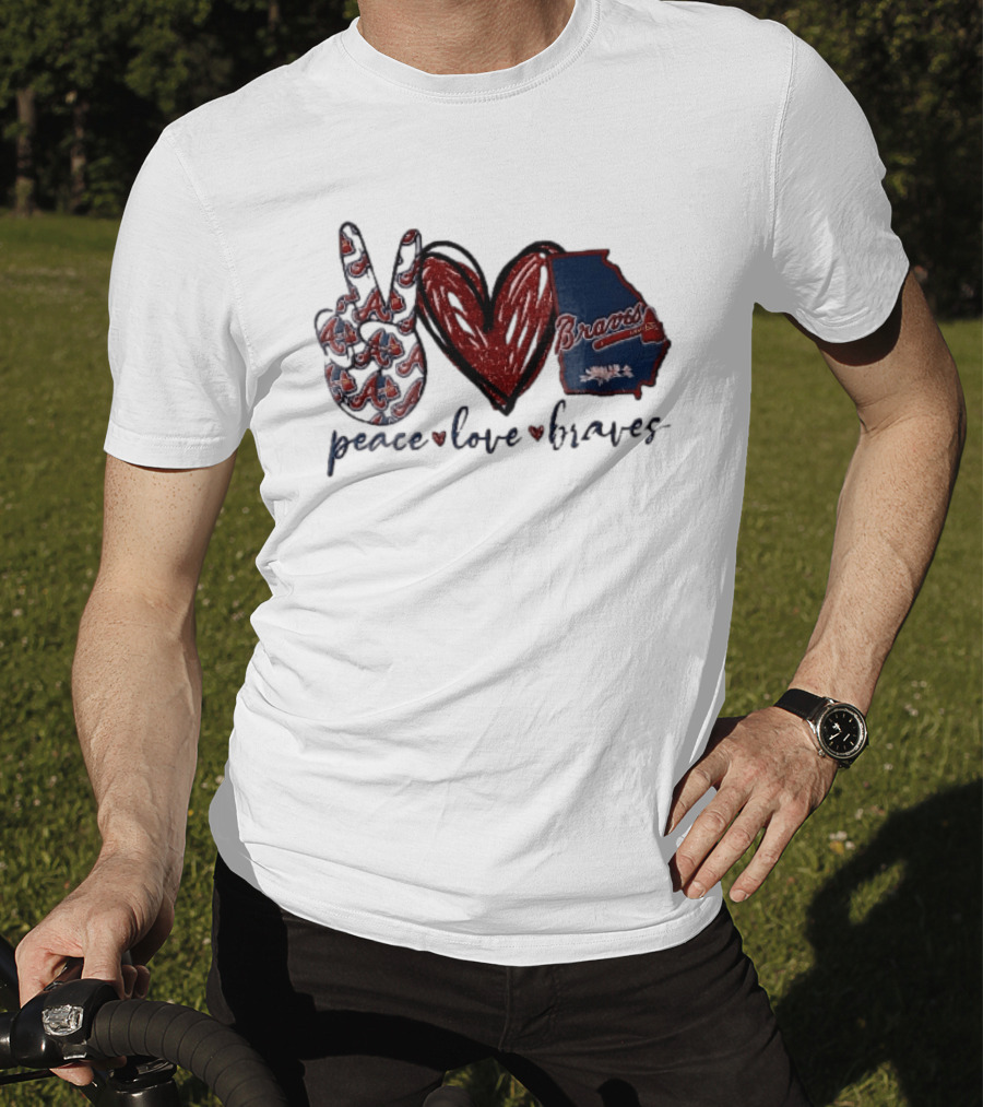 Peace Love Braves Hand Red Glitter Heart Georgia Map T-Shirt