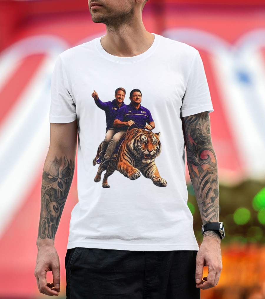 Bayou Brothers Tiger Riding LSU Coach Ed Orgeron Vs Kim Mulkey T-Shirt