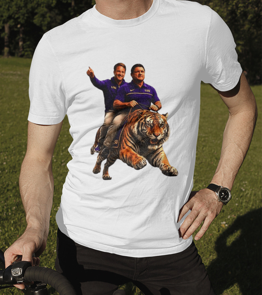 Bayou Brothers Tiger Riding LSU Coach Ed Orgeron Vs Kim Mulkey T-Shirt
