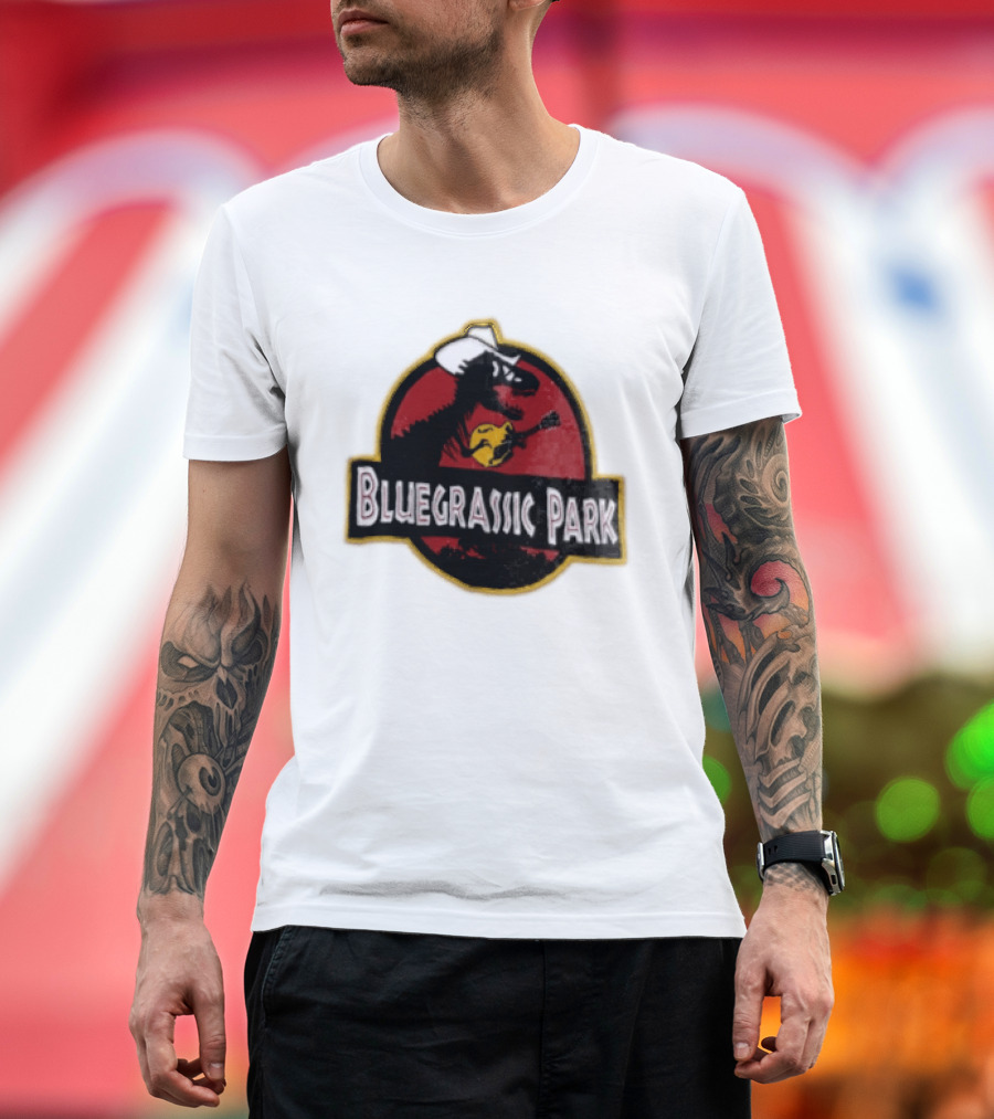 Bluegrassic Park Dinosaur Playing Mandolin Cowboy Hat Jurassic T-Shirt