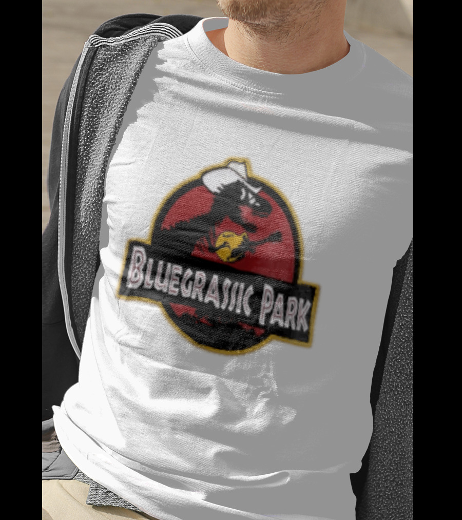Bluegrassic Park Dinosaur Playing Mandolin Cowboy Hat Jurassic T-Shirt
