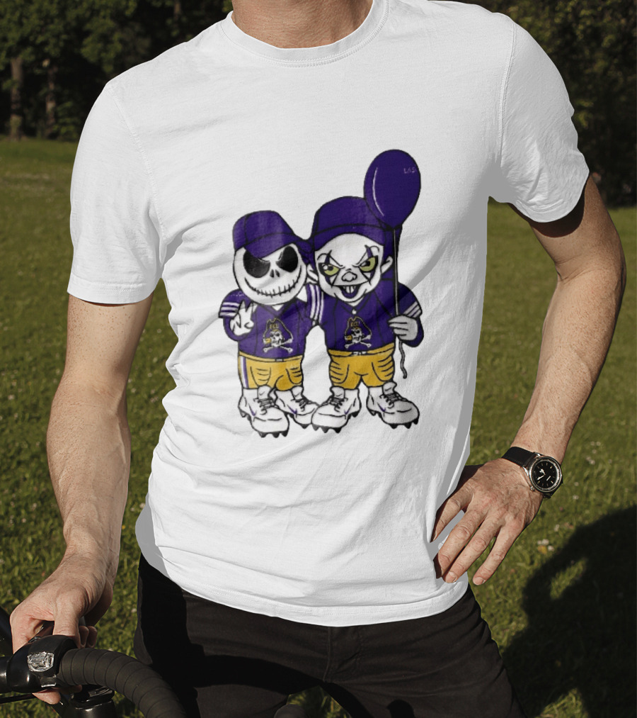 East Carolina Pirates NCAA Jack Skellington Pennywise Clown Purple Balloon T-Shirt