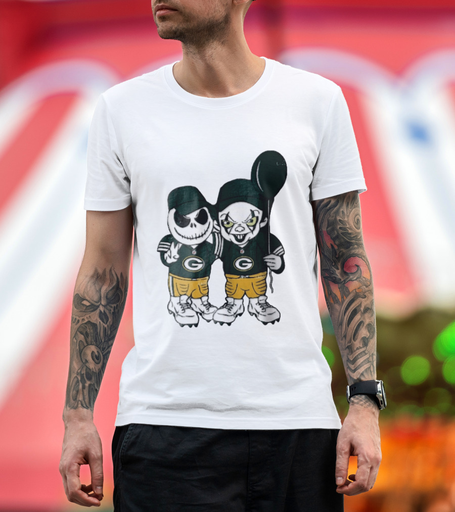 Green Bay Packers Jack Skellington Clown Balloon Cartoon Caricature Duo T-Shirt