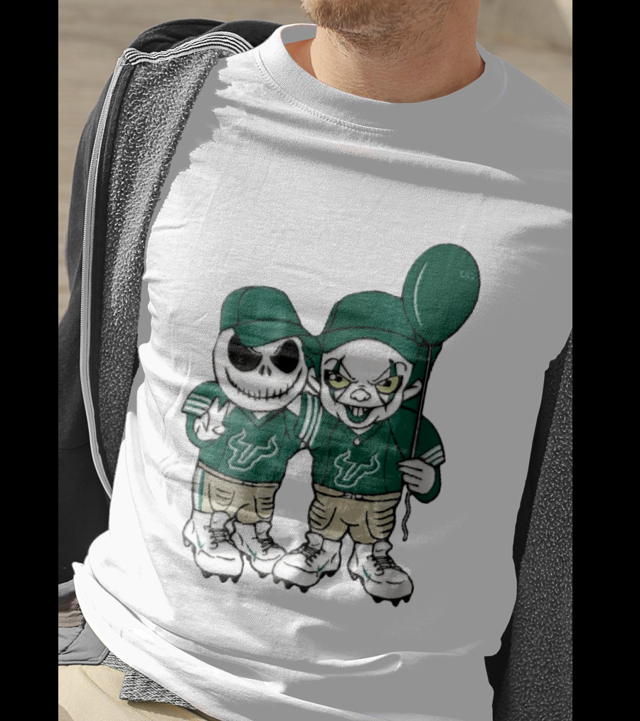 South Florida Bulls Skeleton And Evil Clown With Balloon NCAA Cartoon T-Shirt