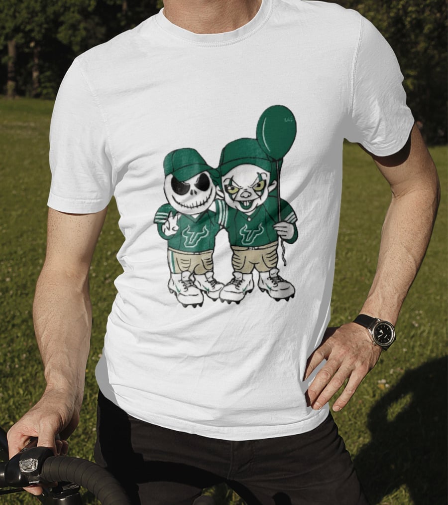 South Florida Bulls Skeleton And Evil Clown With Balloon NCAA Cartoon T-Shirt