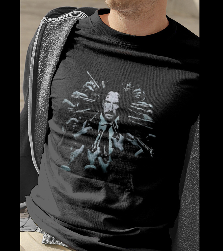 John Wick Surrounded By Guns Pointed At His Head Iconic Movie Scene T-Shirt