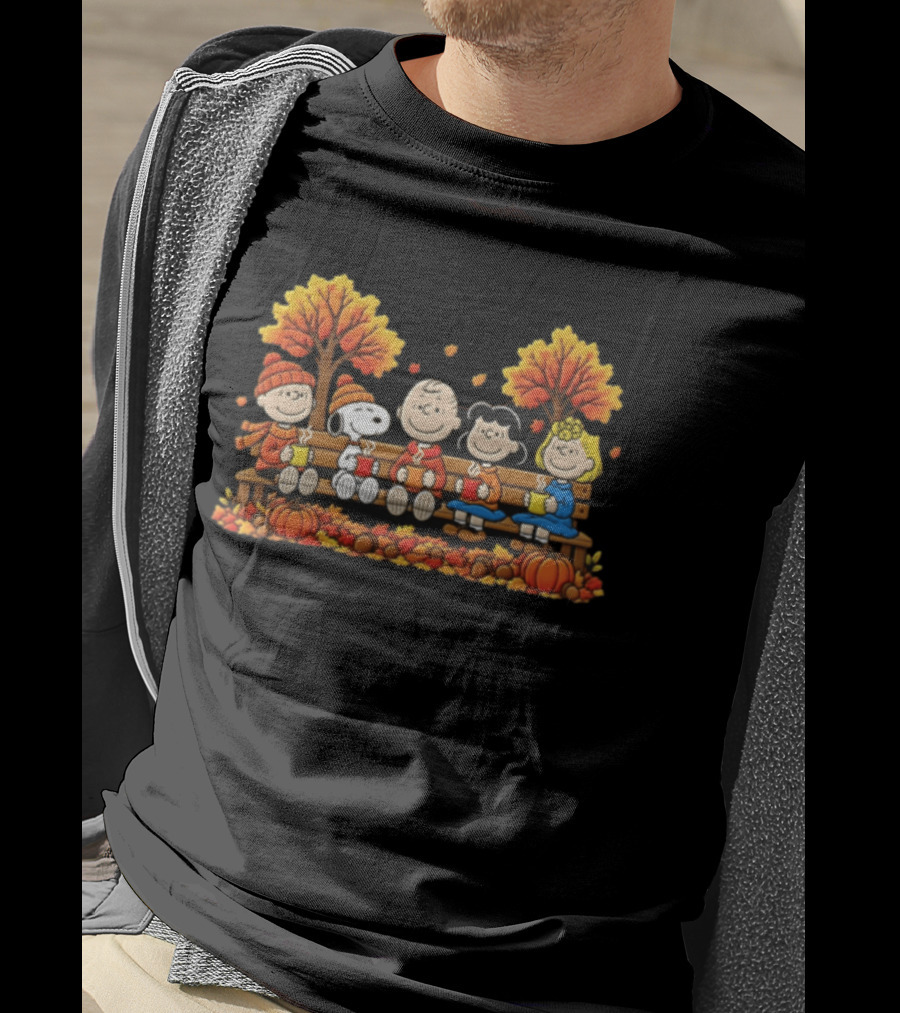 Peanuts Autumn Harvest Scene On Bench With Pumpkins And Falling Leaves T-Shirt