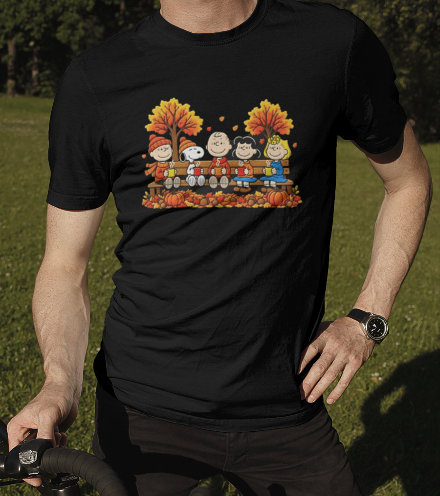 Peanuts Autumn Harvest Scene On Bench With Pumpkins And Falling Leaves T-Shirt