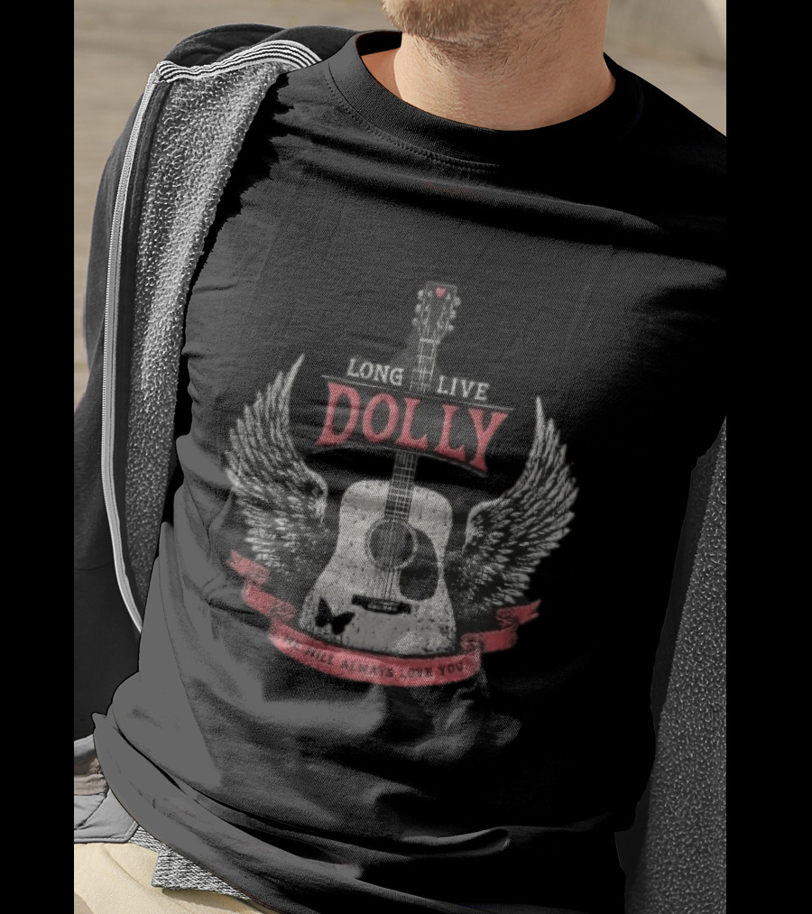 Long Live Dolly Distressed Winged Acoustic Guitar Butterfly Red Banner We Will Always Love You T-Shirt