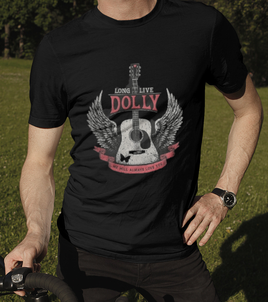Long Live Dolly Distressed Winged Acoustic Guitar Butterfly Red Banner We Will Always Love You T-Shirt