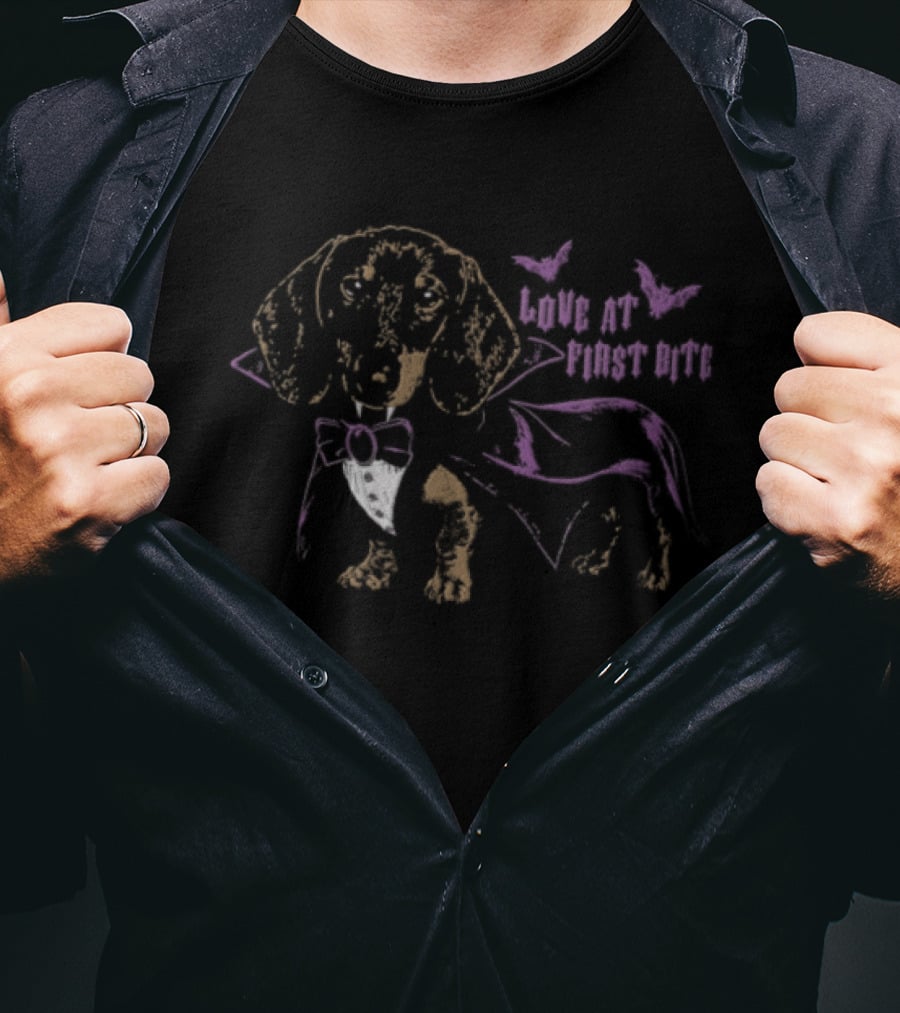 Love At First Bite Dachshund With Butterflies And Bowtie T-Shirt