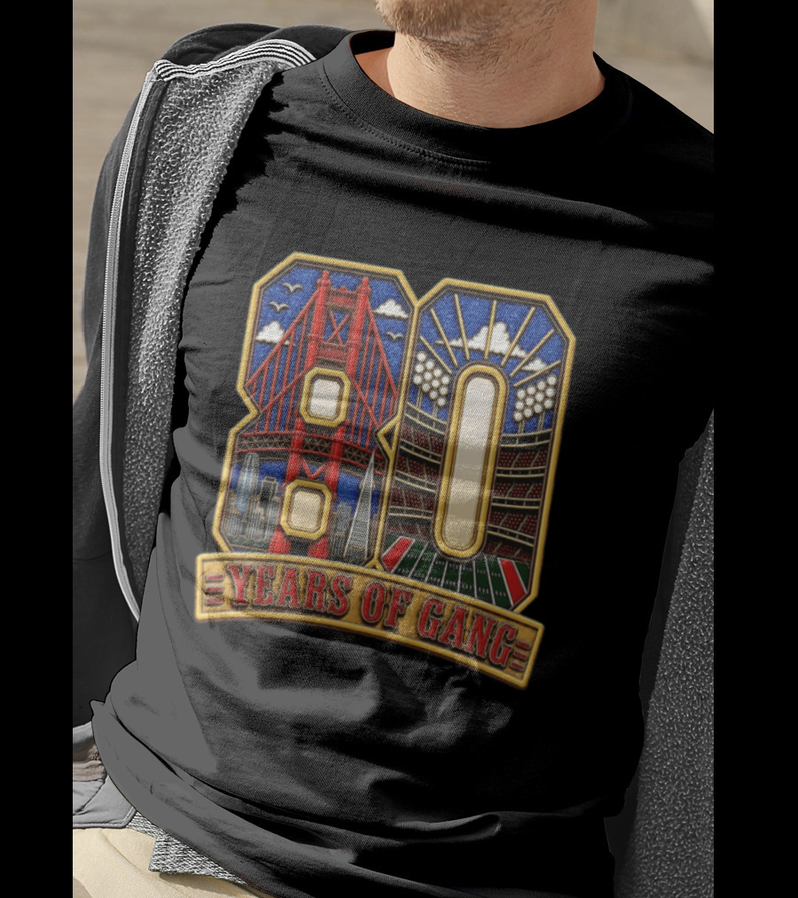 San Francisco 49ers 80 Years Of Gang Bridge And Stadium Celebration T-Shirt
