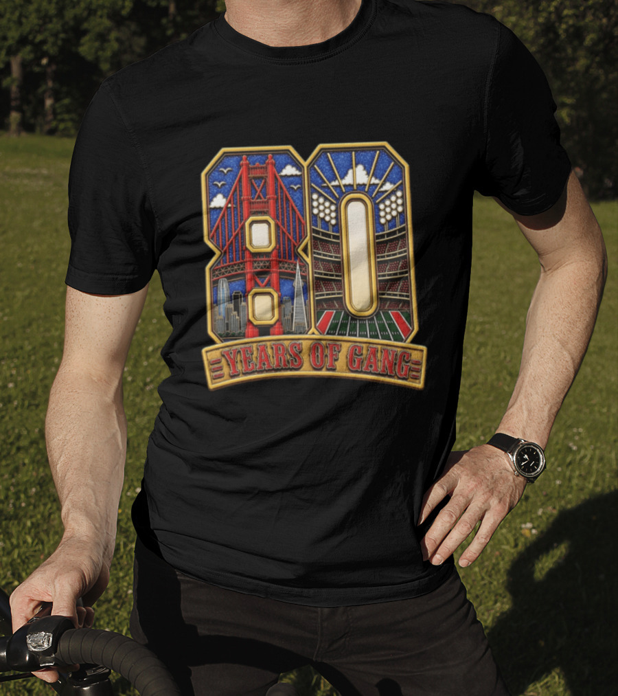 San Francisco 49ers 80 Years Of Gang Bridge And Stadium Celebration T-Shirt