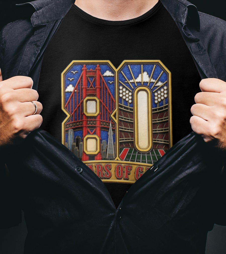 San Francisco 49ers 80 Years Of Gang Bridge And Stadium Celebration T-Shirt