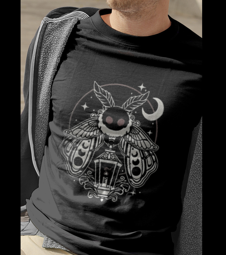 Mothman Red Eyes Candle Lantern Crescent Moon Stars T-Shirt